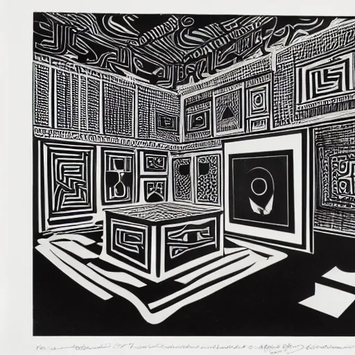 Image similar to A black and white screen print of gallery exhibition view from the 60s, anthropology, colonial, wild, exotic, masks, ethnography, screen printing