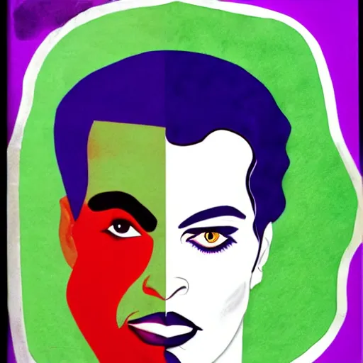 Image similar to a portrait of prince as two face. half his face is white with green hair. in the style of herbert bayer