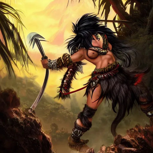 Image similar to barbarian warrior woman with chimera monkey tail, monkey tail, furry tail, barbarian pelt, cavewoman, black hair, electrified hair, wild spiky black saiyan hair, surrounded by electrical aura, prowling around primeval jungle, palm trees, rocks, mountains, red sky, hyperdetailed, ultra high definition, realism, 4 k, frank frazetta
