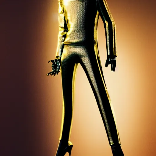 Prompt: daft punk inspired, avant-garde art, deco fashion, high heels, strong makeup, highly detailed, photorealistic portrait, serene london setting, golden hour, crisp quality and light reflections, unreal engine 5 quality render