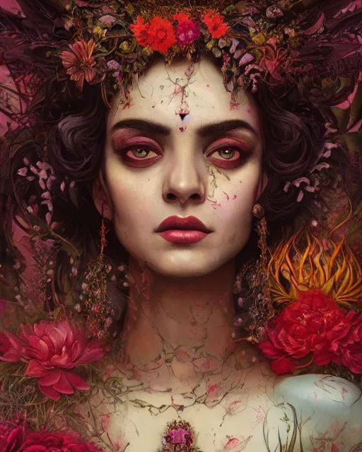 Image similar to portrait of the indian queen of the underworld, surrounded by flowers by karol bak, james jean, tom bagshaw, rococo, sharp focus, trending on artstation, cinematic lighting, hyper realism, octane render, 8 k, hyper detailed.