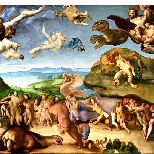 Prompt: Michael Angelo's Creation of Adam with dinosaurs instead of people