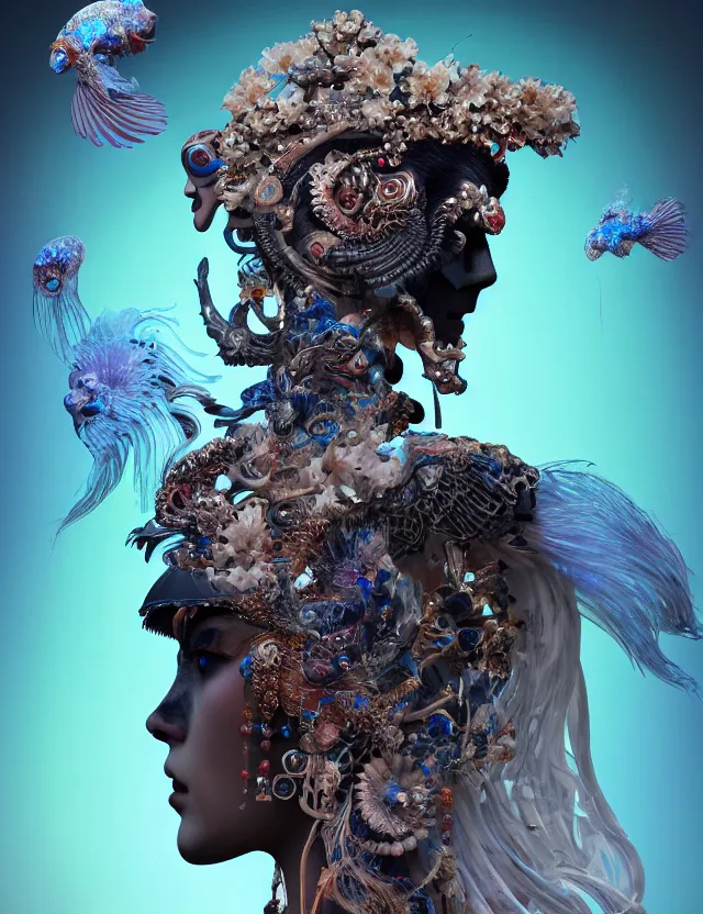 Image similar to 3 d goddess of death close - up profile portrait with ram skull. beautiful intricately detailed japanese crow kitsune mask and clasical japanese kimono. betta fish, jellyfish phoenix, bio luminescent, plasma, ice, water, wind, creature, artwork by tooth wu and wlop and beeple and greg rutkowski