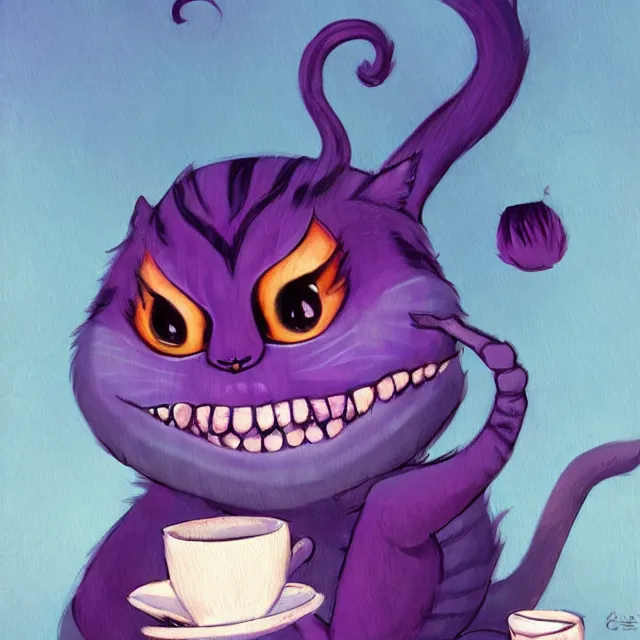 Image similar to cheshire cat drinking tea, by cory loftis, character art, art, very coherent, plain background, lighthearted, soft painting