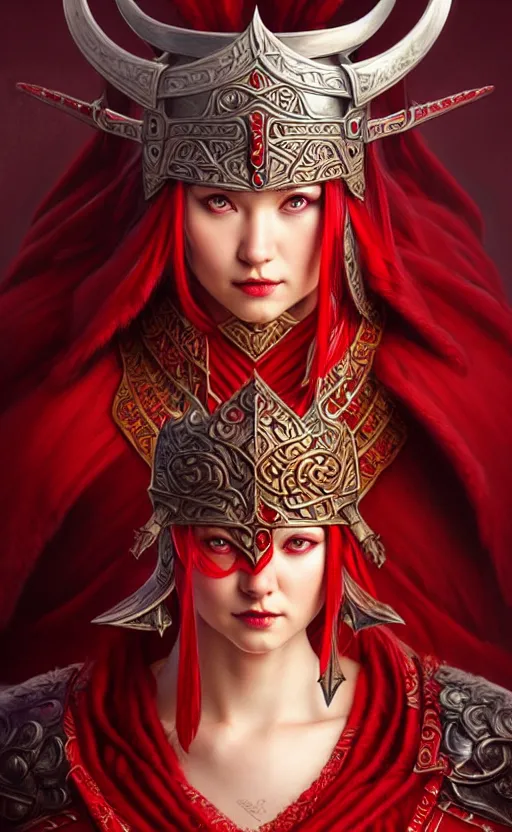 Image similar to crimson viking warrior, regal, elegant, winter, snow, beautiful, stunning, hd, illustration, epic, d & d, fantasy, intricate, elegant, highly detailed, wide angle, digital painting, artstation, concept art, smooth, sharp focus, illustration, wallpaper, art by artgerm and greg rutkowski and alphonse mucha and jin xiaodi