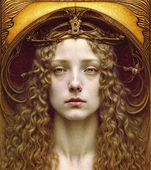 Image similar to detailed realistic beautiful young medieval queen of jupiter face portrait by jean delville, gustave dore and marco mazzoni, art nouveau, symbolist, visionary, gothic, pre - raphaelite. horizontal symmetry by zdzisław beksinski, iris van herpen, raymond swanland and alphonse mucha. highly detailed, hyper - real, beautiful