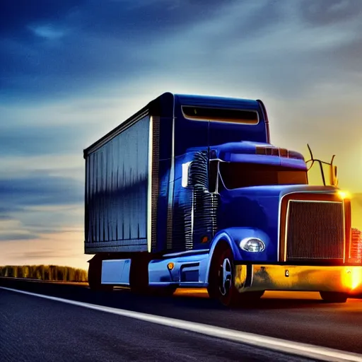 Image similar to a photorealistic picture of a truck on a busy highway at sunset