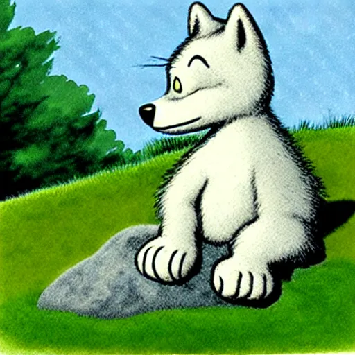 Prompt: view from side of fluffy baby grey wolf sitting on a grassy hill with rocks around it looking up at the clouds, award winning illustration by maurice sendak and don freeman