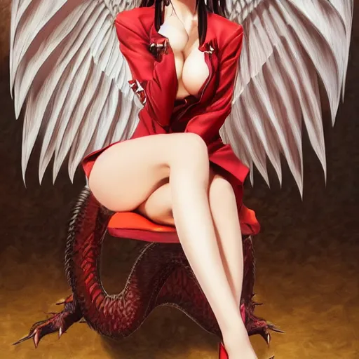 Image similar to 8K photorealistic Portrait of Kuroka Toujou of Highschool DxD, sitting on a chair, wide open dragon wings, intricate, whole body, highly detailed, digital painting, artstation, concept art, smooth, sharp focus, illustration, art by Hajime Sorayama