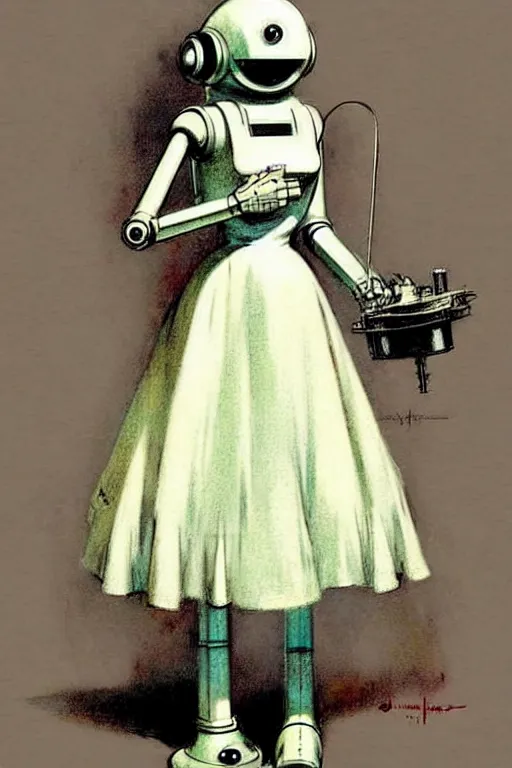 Prompt: ( ( ( ( ( 1 9 5 0 s retro science fiction robot maid. muted colors. ) ) ) ) ) by jean - baptiste monge!!!!!!!!!!!!!!!!!!!!!!!!!!!!!!