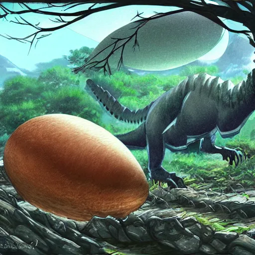 Image similar to Dinosaur Egg Omelette, fantasy art, illustration, natural, fantasy, art by Hayao Miyazaki, Makoto Shinkai