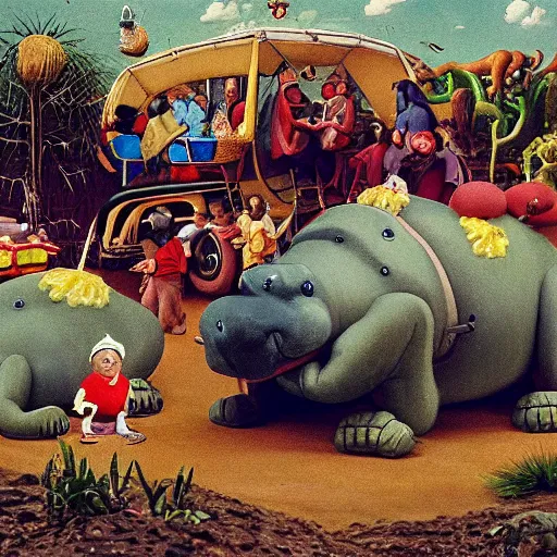 Image similar to a 3 5 mm photography, kodachrome colour, of grandpa with michelin man costume riding a hippo with strange creatures and alien plants inspired by bosch but in the real life, photos taken by martin parr