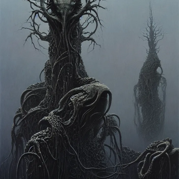 Prompt: art by Zdzislaw Beksinski detailed painting of the biomechanical elder god, intricate matte painting background, elegant horror artwork, haunting, luxurious, ominous, 4k, cinematic, by Yoshitaka Amano, horizontally symmetrical, by Wayne Barlowe, trending on Artstation