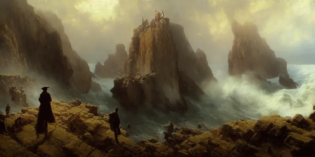 Prompt: a big cliff at the middle of the day in 1 9 4 0, stormy sea, a only men stand up at the edge of the precipice, steam punk, mystical yellow fog, oil on canvas, art by andreas achenbach, clemens ascher, tom bagshaw and sabbas apterus,