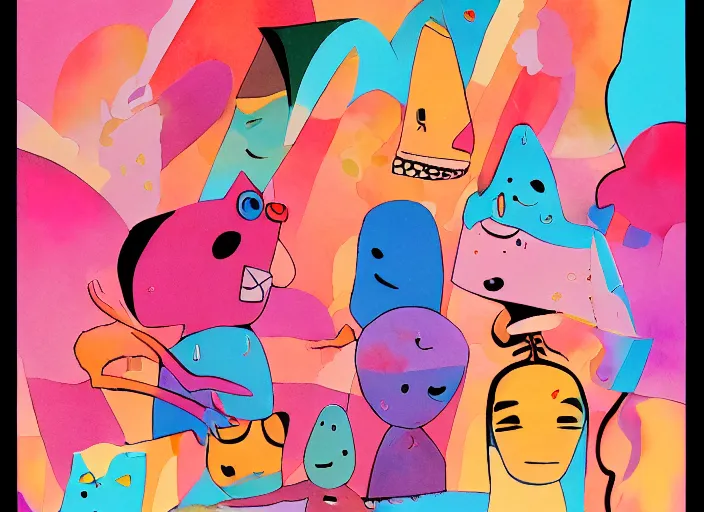 Image similar to stunning clarity experimental cut paper mixed media blotchy character shape design by masaaki yuasa, pleasing palette watercolor masterpiece