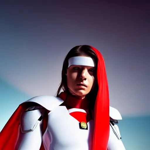 Image similar to portrait of a athletic female soldier in glossy sleek white armor with tiny red details and a long red cape, heroic posture, on the surface of mars, night time, dramatic lighting, cinematic, sci-fi, hyperrealistic