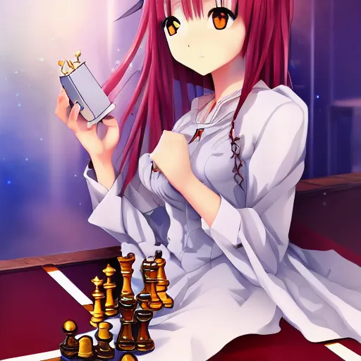 Image similar to beautiful anime girl playing chess, ufotable, official art, pixiv