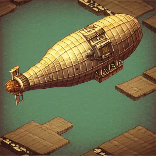 Prompt: airship in steampunk, pixel art, ArtStation, Unreal Engine, isometric view. Game RPG