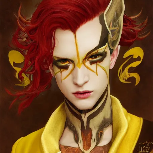 Prompt: a beautiful and androgynous half - elf with almond skin tone and messy short red hair and catlike features with yellow eyes with slit pupils, dressed in a jodhpuri suit, dnd character, golden aura, realistic portrait by ross tran and gerald brom and kehinde wiley and fernando amorsolo and alphonse mucha, trending on artstation