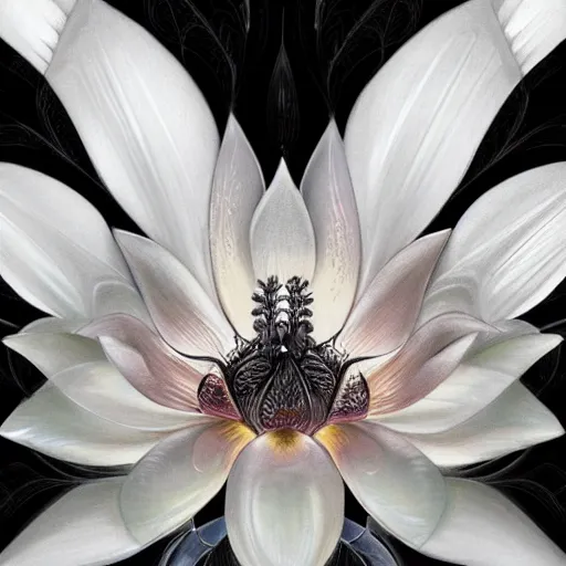 Image similar to a beautiful and detailed illustration of a black lotus with fractal fibonaucci sequence petals, in the style of magic the gathering, highly detailed, digital painting, unholy union, white church background, god rays, volumetric lighting, octane render, 4 k resolution, art by artgerm and greg rutkowski and alphonse mucha, masterpiece, in a luminist baroque style