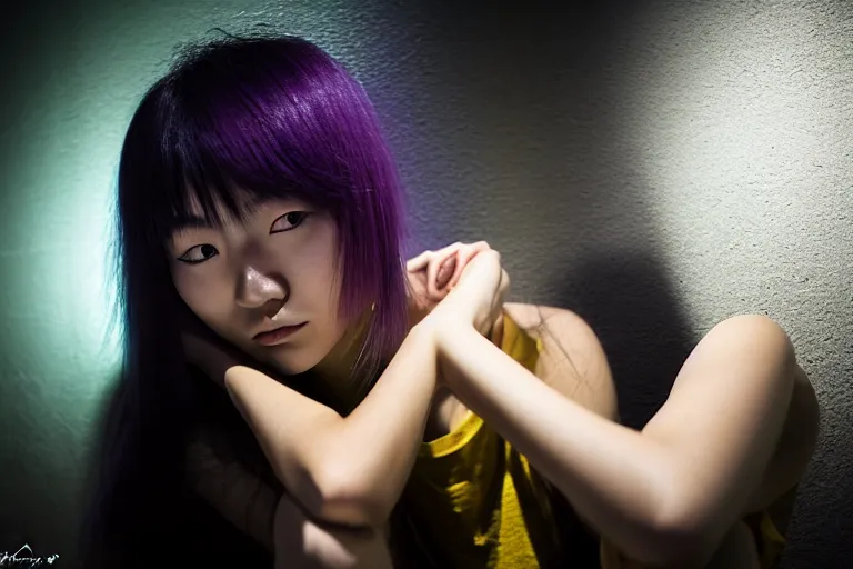 Prompt: photography masterpiece by haruto hoshi and yang seung woo, flash photography, portrait of a young japanese woman with dyed hair sitting in a in a kyabakura night club, shot on a canon 5 d mark iii with a 3 5 mm lens aperture f / 5. 6, dslr, hd, full res, 4 k