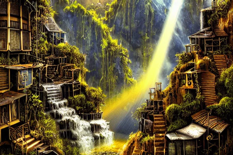 Image similar to gothic waterfall favela honeybee hive, art nouveau environment, crepuscular rays, industrial factory, award winning art, epic dreamlike fantasy landscape, ultra realistic,