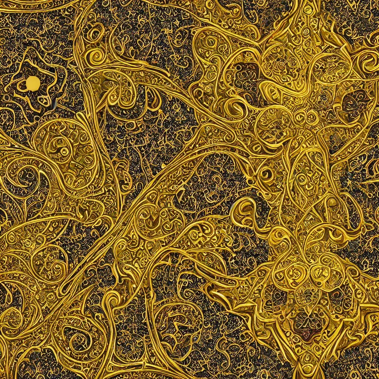 Image similar to arabic ornament with mystic birds and flowers, highly detailed, photorealistic, octan render, 3 d, gold on black nackground, fractal, mandelbrot,