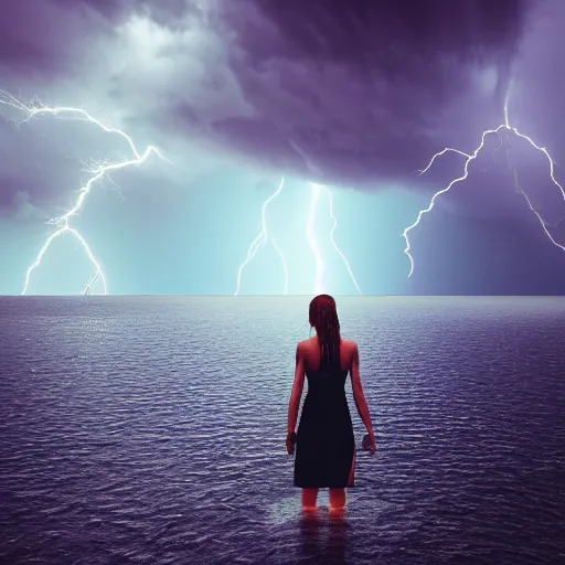 Image similar to girl walking on water, lightning, walking on water, scenic, dark cloudy background, lightning strikes, lightning bolts, shocking, 8k, artstation