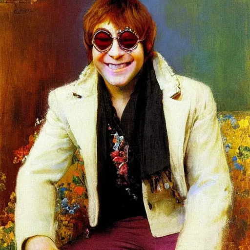 Image similar to portrait of elton john lennon smiling in 1 9 7 0 by ilya repin