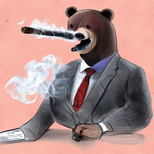 Image similar to a anthropomorphic bear beast - man in a suit smoking a cigar while drifting in a lamborghini, digital art