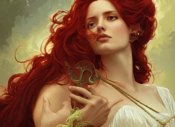 Image similar to A gorgeous Greek Goddess with long flowing red hair, fantasy, intricate, elegant, highly detailed, D&D, digital painting, artstation, concept art, matte painting, sharp focus, illustration, in the style of Greg Rutkowski and Alphonse Mucha and artemisia gentileschi