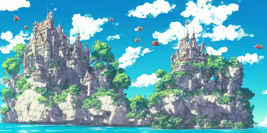 Prompt: floating marble island in the sky with a medieval castle on it, red dragons, laputa, studio ghibli, anime style, azure blue sky