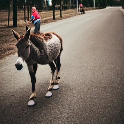 Prompt: portrait of a donkey on rollerskates, canon eos r 3, f / 1. 4, iso 2 0 0, 1 / 1 6 0 s, 8 k, raw, unedited, symmetrical balance, wide angle