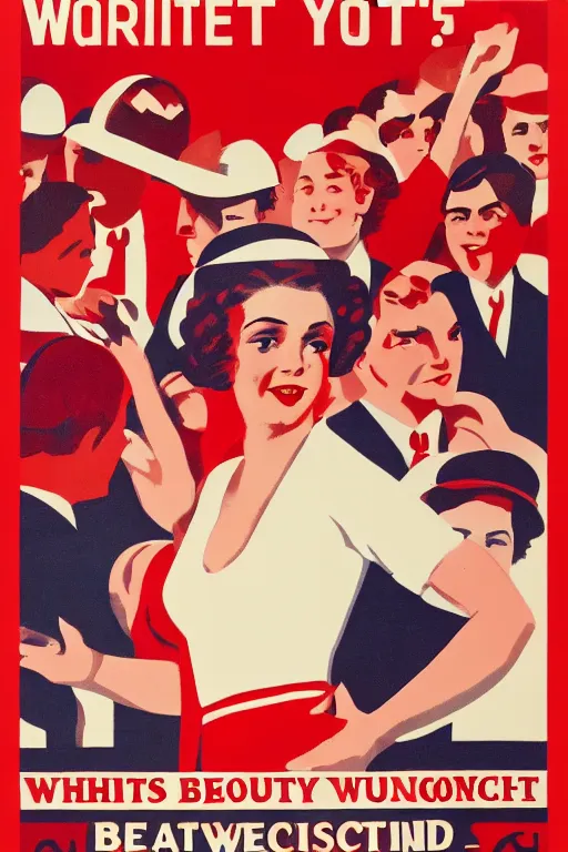 Prompt: a beautiful white girl standing in the crowd of workers, red background, trending on vintage poster style