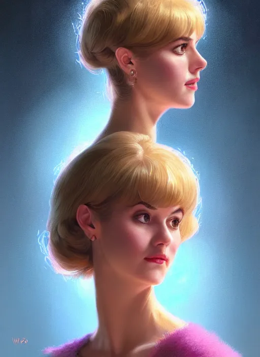 Image similar to portrait of betty cooper with fluffy bangs, bangs, 1 9 6 0 s, ponytail, curly bangs and ponytail, rounder face, intricate, elegant, glowing lights, highly detailed, digital painting, artstation, concept art, smooth, sharp focus, illustration, art by wlop, mars ravelo and greg rutkowski