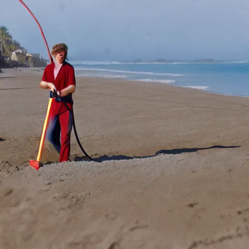 Image similar to anakin skywalker vacuuming the beach for sand, 4k, photorealistic,