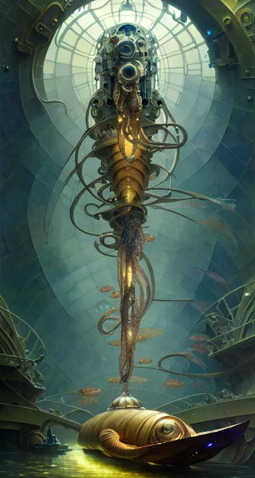 Image similar to epic concept illustration, highly detailed, intricate mechanical design, hard science concept art, underwater nautilus submarine being prepared for launch, by greg rutkowski and alphonse mucha. uhd, cinematic lighting, amazing depth, cinematography by 2 0 1 7