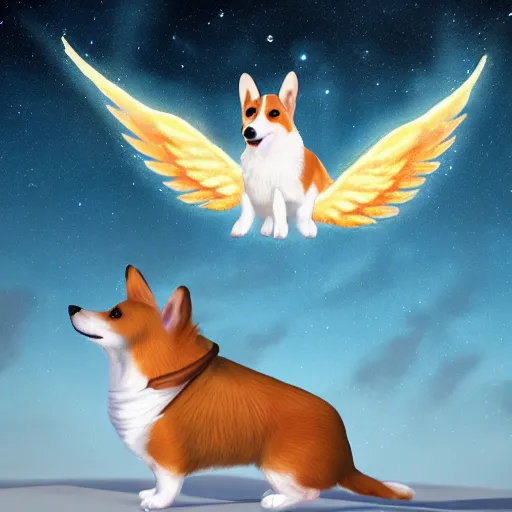 Prompt: corgi with [ angelic wings ]!!, [ flying like a superhero ]!! in the [ night sky ]!! where the stars are visibly perceptible, [ realistic photo ]!!, [ 4 k photorealism ]!!, trending on artstation