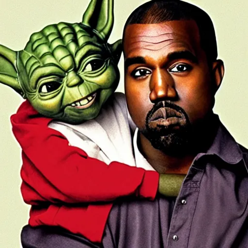 Prompt: kanye west smiling and holding yoda yoda for a 1 9 9 0 s sitcom tv show, studio photograph, portrait