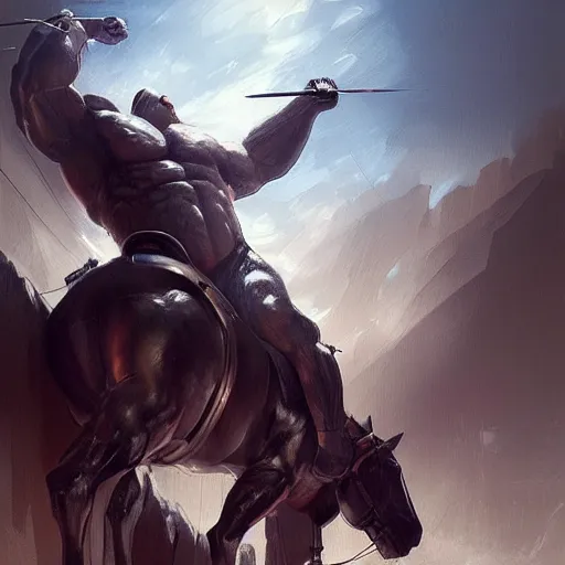 Image similar to a musclebound anthropomorphized horse with mountainously bulging muscles wearing a tight leather battle outfit while protecting a facility, equine, highly detailed, digital painting, artstation, sharp focus, game art, concept art, illustration, art by artgerm, greg rutkowski, wlop