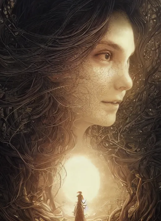 Image similar to golden moon at background, creative!!! composition for a book cover, absurdly beautiful, ultrafine hyperrealistic detailed old witch face by wlop and artgerm and greg rutkowski, intricate linework, sharp focus, smooth, octopath traveler, final fantasy, unreal engine, dramatic lighting, ethereal, 8 k