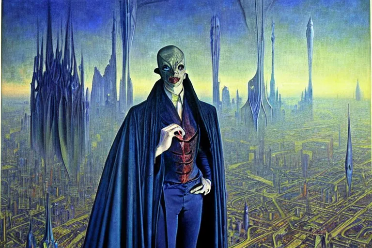 Image similar to realistic extremely detailed portrait painting of an elegantly creepy vampire man in a cape, futuristic sci-fi city on background by Jean Delville, Amano, Yves Tanguy, Alphonse Mucha, Ernst Haeckel, Edward Robert Hughes, Roger Dean, rich moody colours, blue eyes