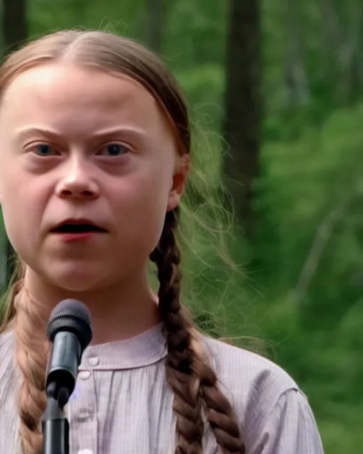 Image similar to film still close - up shot of greta thunberg giving a speech from the movie brokeback mountain. photographic, photography