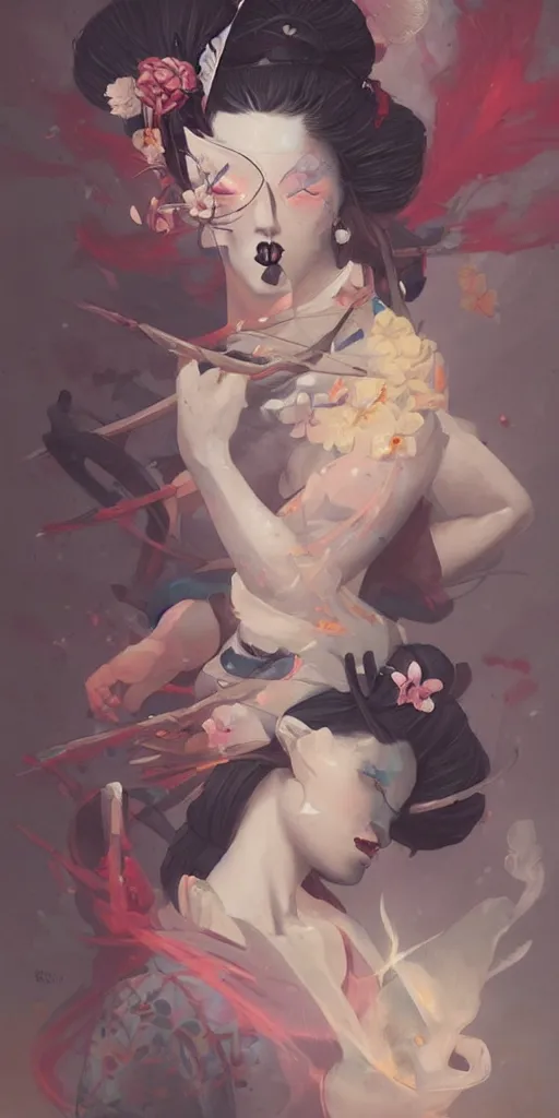 Image similar to beautiful geisha sakura warrior By Peter Mohrbacher, clean, trending on artstation,