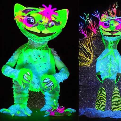 Image similar to a cat of bioluminescent aquatic themed puppets aimed to bring awareness to ocean pollution, in the style of muppets, black light, lighting from spongebob the musical on broadway, neon, real, photograph, cinematic