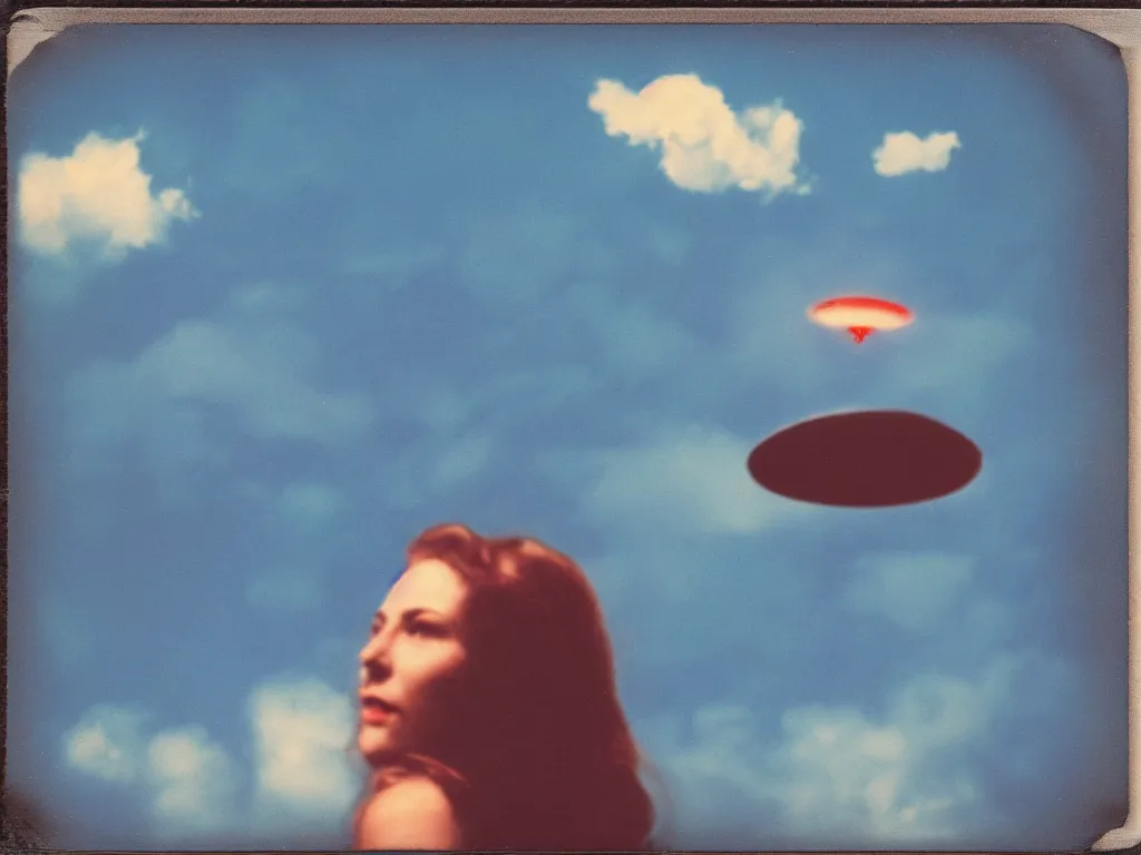 Image similar to vintage polaroid of a beautiful woman spotting a ufo in the sky, seen from behind, detailed clouds, warm azure tones, red color bleed, film grain