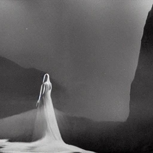 Image similar to 1 9 7 0's artistic spaghetti western movie, a woman in a giant billowy wide flowing waving dress made out of white smoke, standing inside a dark western rocky scenic landscape, volumetric lighting