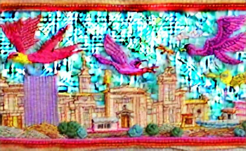 Prompt: building along a river, seen from the long distance. matte paper and embroidery fabric collage. huge flamish baroque maximalist birds flying. highly detailed childrenbook illustration in interesting unusual pastel tones.