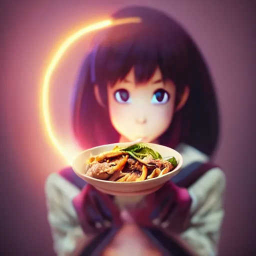 Image similar to movie still macro close photo of smiling anonymous holding pork stirfry to face, by weta disney pixar greg rutkowski wlop ilya kuvshinov rossdraws artgerm octane render iridescent, bright morning, anime, liosh, mucha