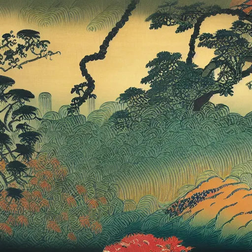 Image similar to painting of the jungle with jungle animals, great wave off kanagawa style,